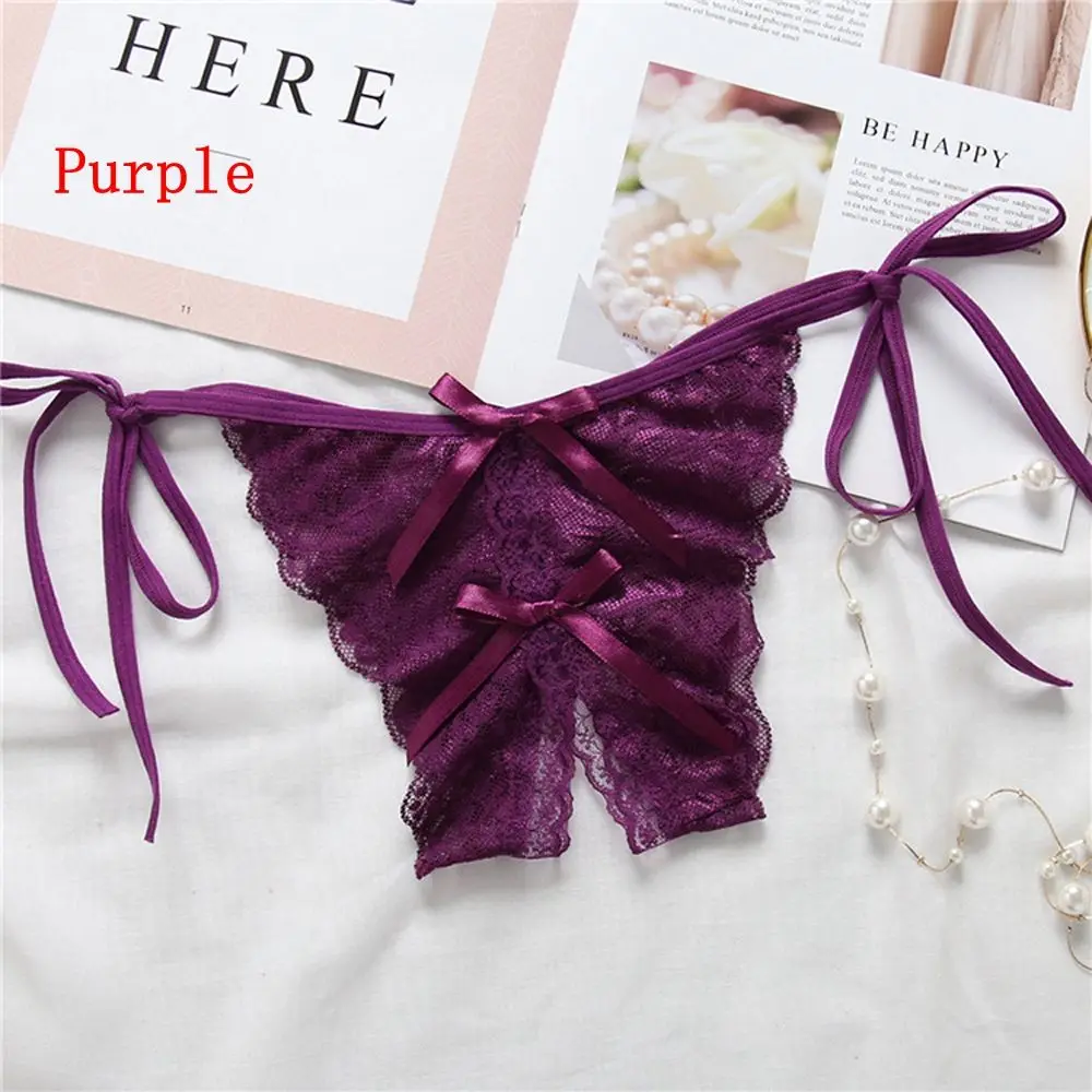 purple Тонкие сексуальные бандажные трусики, женские модные кружевные стринги с бантиком, бесшовное нижнее белье, женские стринги, трусики Танга - Цвет: purple
