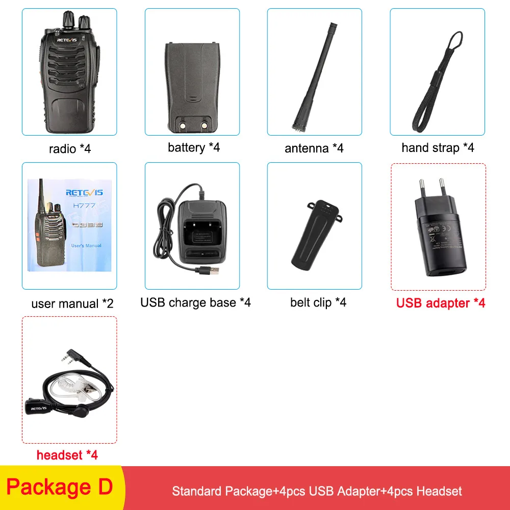 Package D 4 шт. удобная портативная рация RETEVIS H777 3 Вт UHF трансивер двухсторонняя радиостанция коммуникатор двухсторонняя рация для отеля - Цвет: Package D