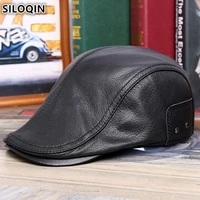 siloqin autumn winter mens genuine leather hat sheepskin warm berets adjustable size brands tongue caps for men chapeau en cuir
