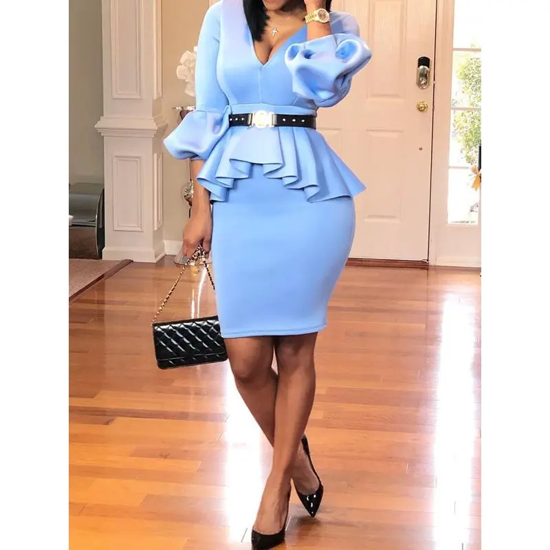 Весна 2019 офис Bodycon платье для женщин Глубокий V пикантные вечерние синий Стильный