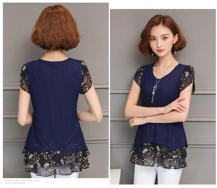 New Summer Women Short Sleeve Blouses Plus Size Korean Fashion O-Neck Chiffon Casual Shirts Print Patchwork Blouse XL-5XL Z20 |