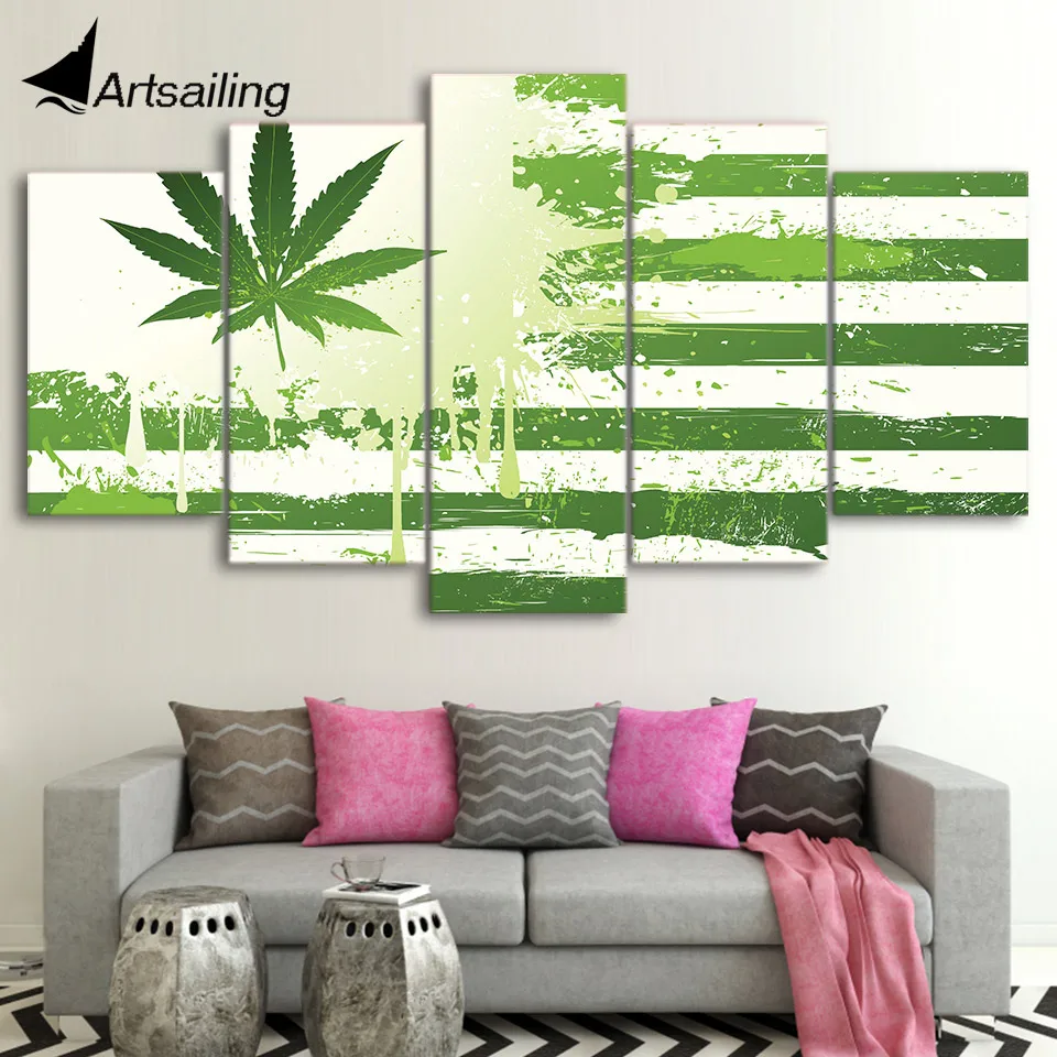 

ArtSailing 5 piece canvas art HD print weed with american flag green painting pictures for living room free shipping UP-2089C