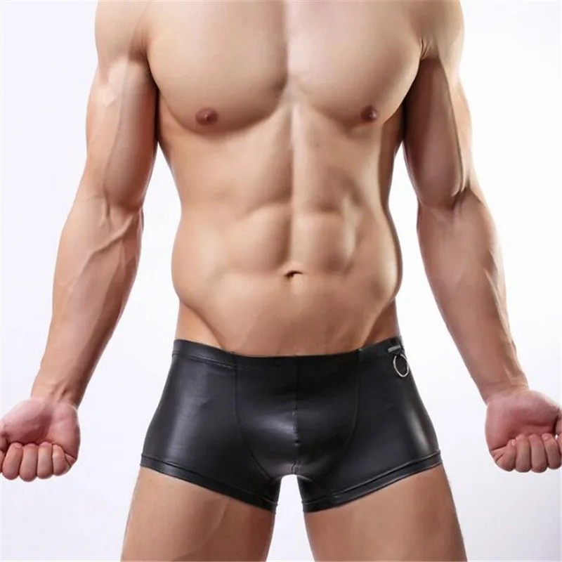 Модные однотонные черные мужские пикантные трусы боксеры из искусственной кожи
