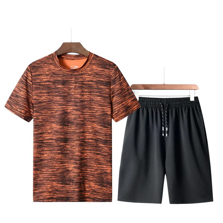 Orange And Black Men's Summer Casual Quick Dry Sports Set Solid 2 Pieces Running Jogging Cycling Sports Gym Tracksuit T-Shirts+ Shorts New,GA345 - Цвет: Orange And Black
