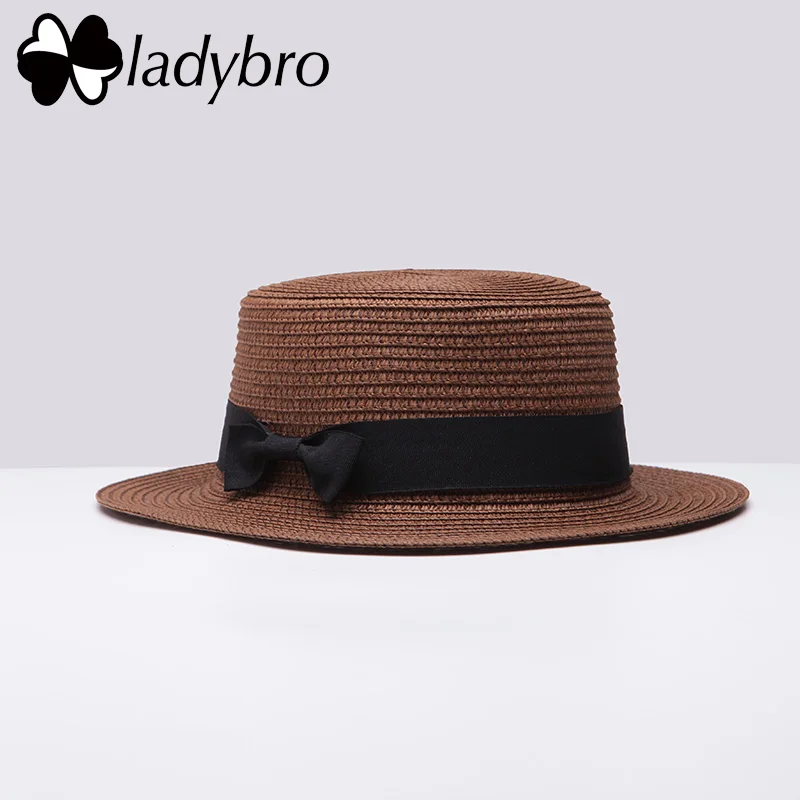 Ladybro Брендовая женская шляпа от солнца, летняя пляжная соломенная шляпа, женская шляпа-канотье, женская шляпа для путешествий с бантом, Панама, плоская шляпа для женщин - Цвет: 003 dark  coffee
