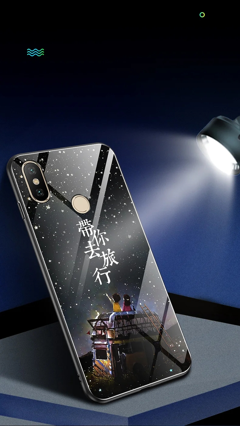 For Xiaomi Mi A2 Lite Case Luxury Luminous Pattern Hard Tempered Glass Protect Back Cover for xiaomi mi a2 lite phone shell |