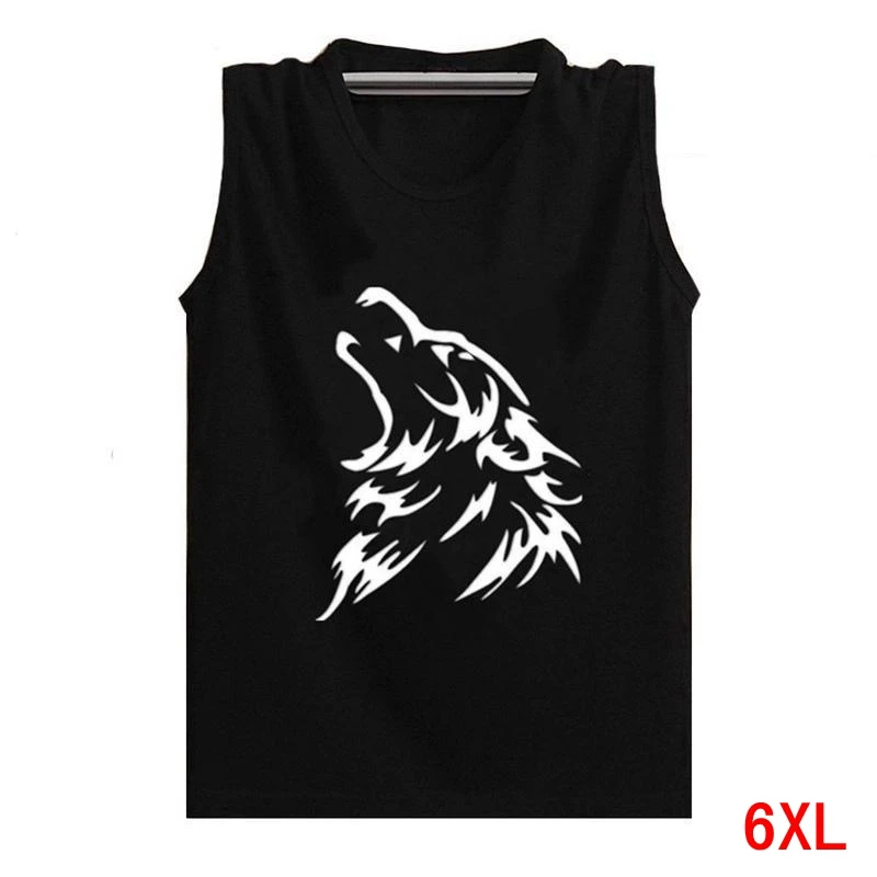 Fitness Sweatshirt Men's Large size 6XL Vest Loose 7XL Print Wolf XL 5XL Cotton Sleeveless Print Blue Black