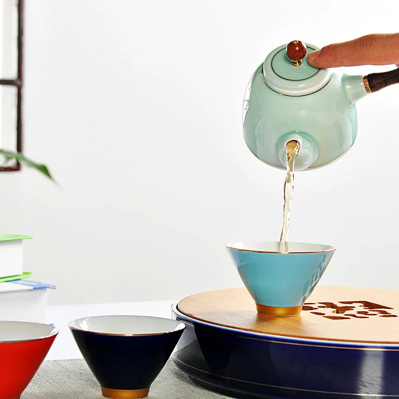 Chinese ceramic teapot side making apparatus Kungfu filter Japanese single wood handle tea pot colorful kettle | Дом и сад