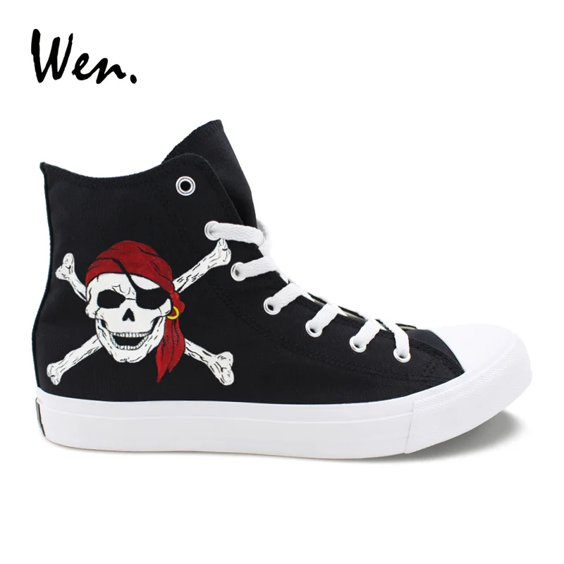 

Wen Hand Painted Shoes Pirates Skull Design Men Vulcanize Shoes Black Canvas Sneakers High to Help Plimsolls Gym Trainers Flat