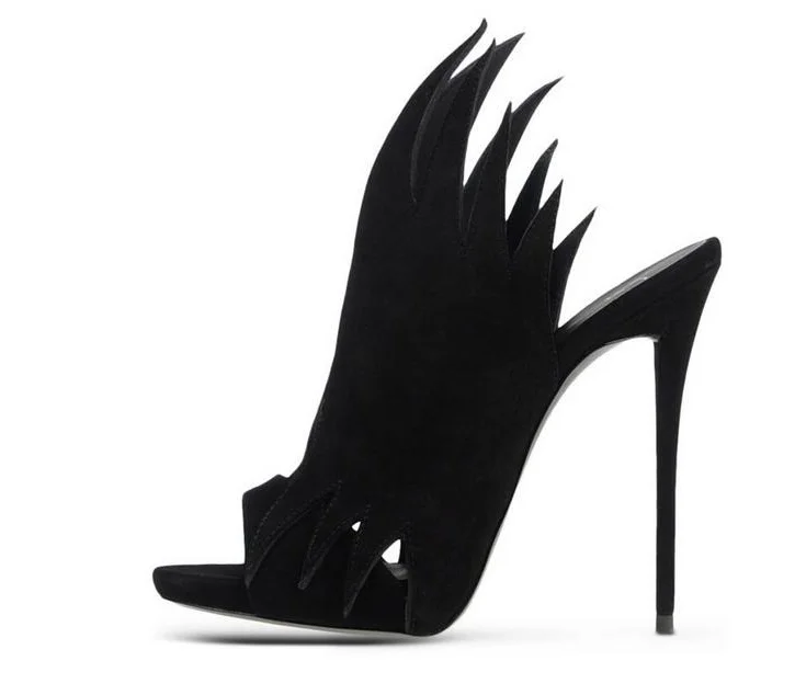 

Fashion High Heel Hollow Sandals Gladiator Flock Material Fire Patern Peep Toe Slippers Slip On Runway Ladies Stiletto Shoes