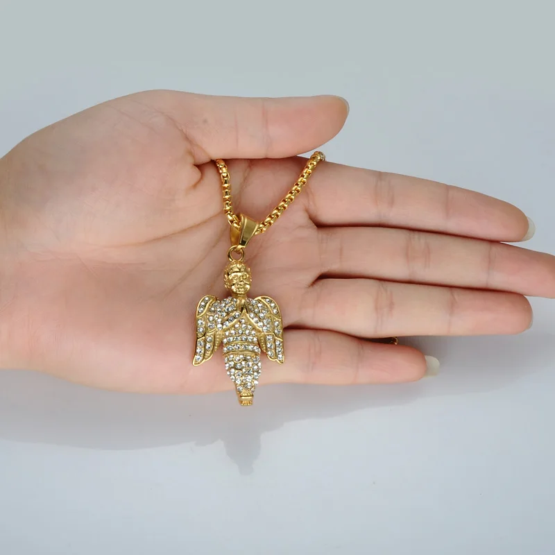 Хип хоп Ангел молитва подвески ожерелья Золото Нержавеющая сталь Bling Iced Out