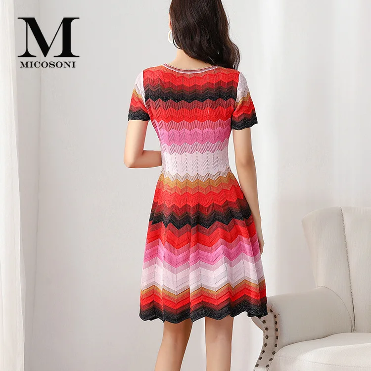 Micosoni Italian Style Summer New Gorgeous Color Stripes Golden Thread Insert Knit Short Sleeve Red Pink Sweater Dresses