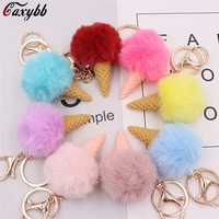 fluffy fur ice cream keychain for women fuax rabbit furs ball pompom key chain car bag keyring pendant