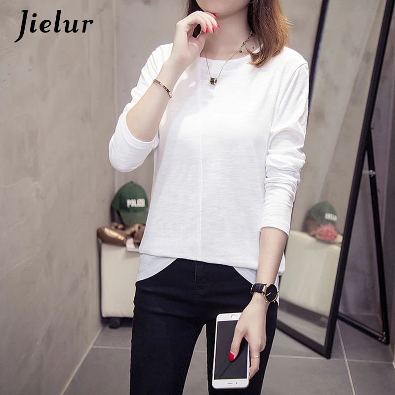 Jielur 2019 новые осенние корейские женские одноцветные футболки тонкие с длинными