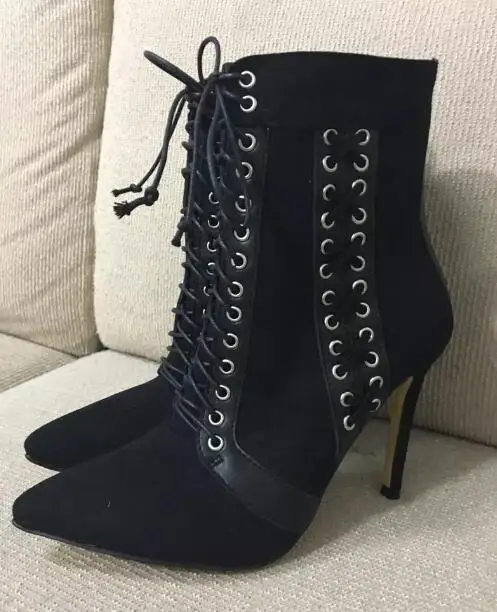 

elegant woman black suede leather pointed toe high heel lace up short boot real photo plus size US 10