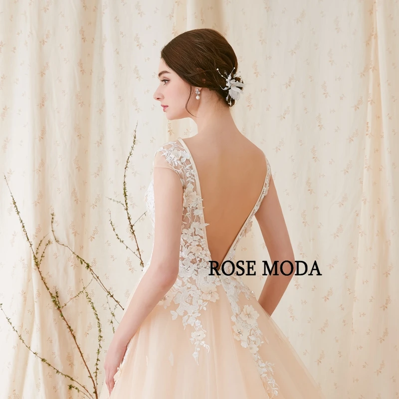 Rose Moda Modern 3D Floral Lace Wedding Dress Low V Back Ivory over Champagne Bridal Gown Custom Make | Свадьбы и торжества