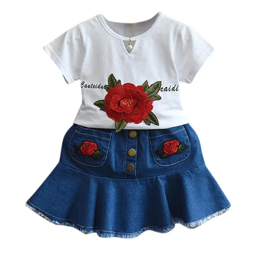 Летняя одежда для маленьких девочек футболка с вышитыми розами + джинсовая юбка в