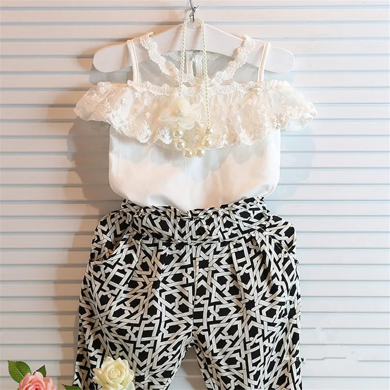 

Baby Girls Clothes Lace Strapless T-shirt Cropped pant 2PCS suit Child Party Costume Toddler Clothes Kids Girls Tracksuit A287
