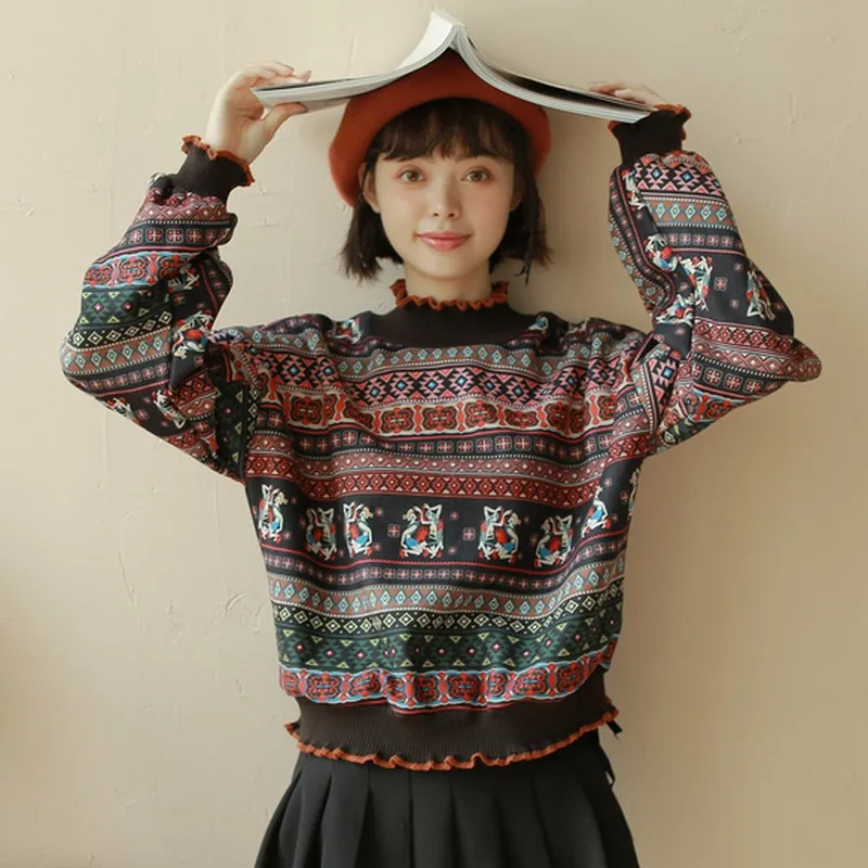 Vintage Suede Sweatshirts For Women Ruffled Semi-high Collar Hoodies Folk Style Sweatshirt Moletom Long Sleeve Crop Tops | Женская