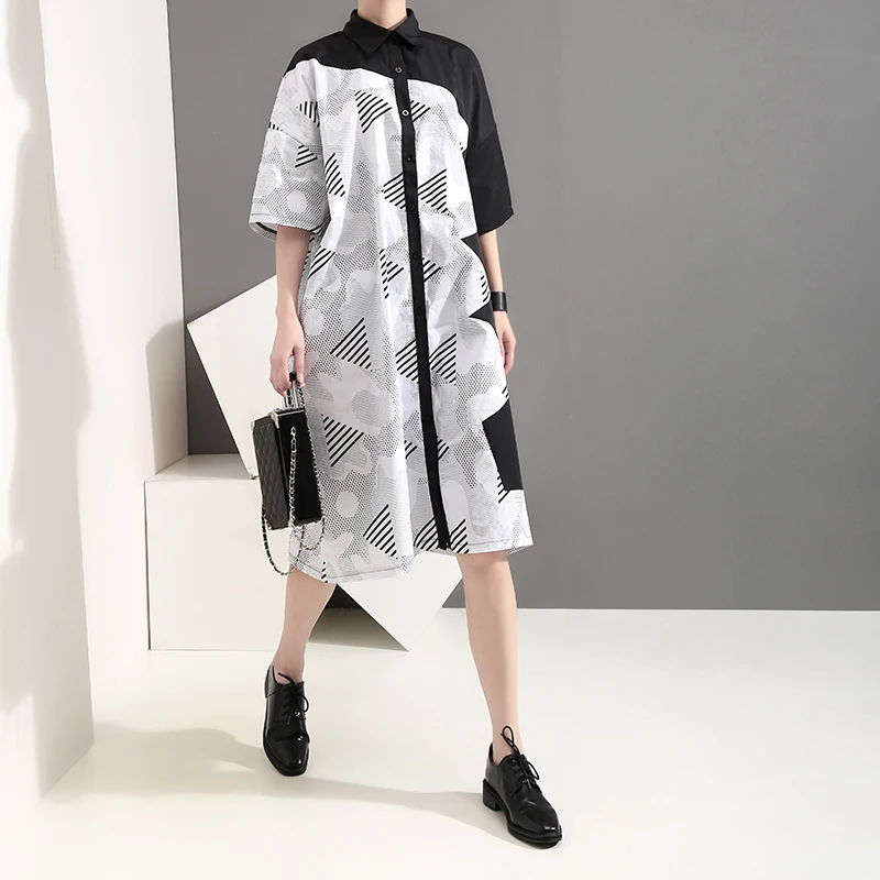 New 2019 Korean Style Women Summer Clothing Plus Size Shirt Dress Geometrical Pattern Printed Female Casual Midi Robe 5113 | Женская