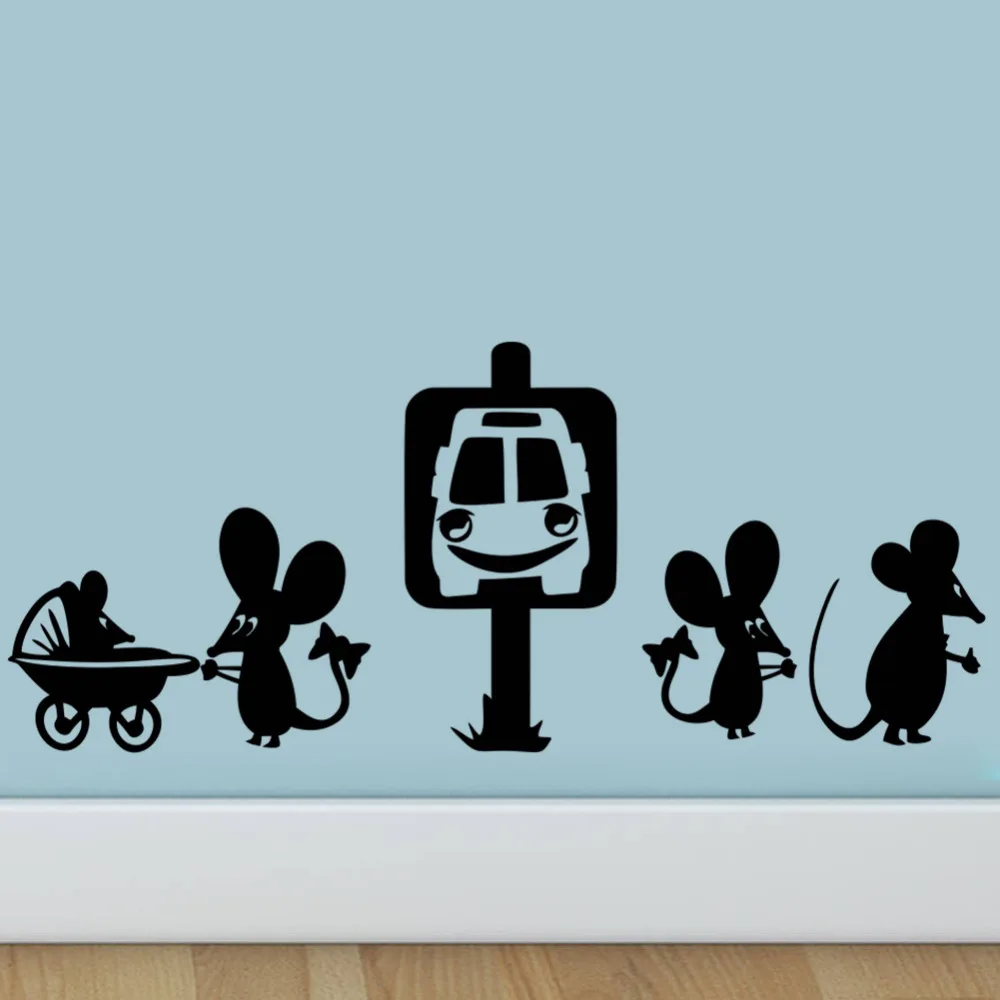 Family Mouse take the bus wall sticker Cartoon Funny hole decals rat bedroom living room mice wallpaper | Дом и сад