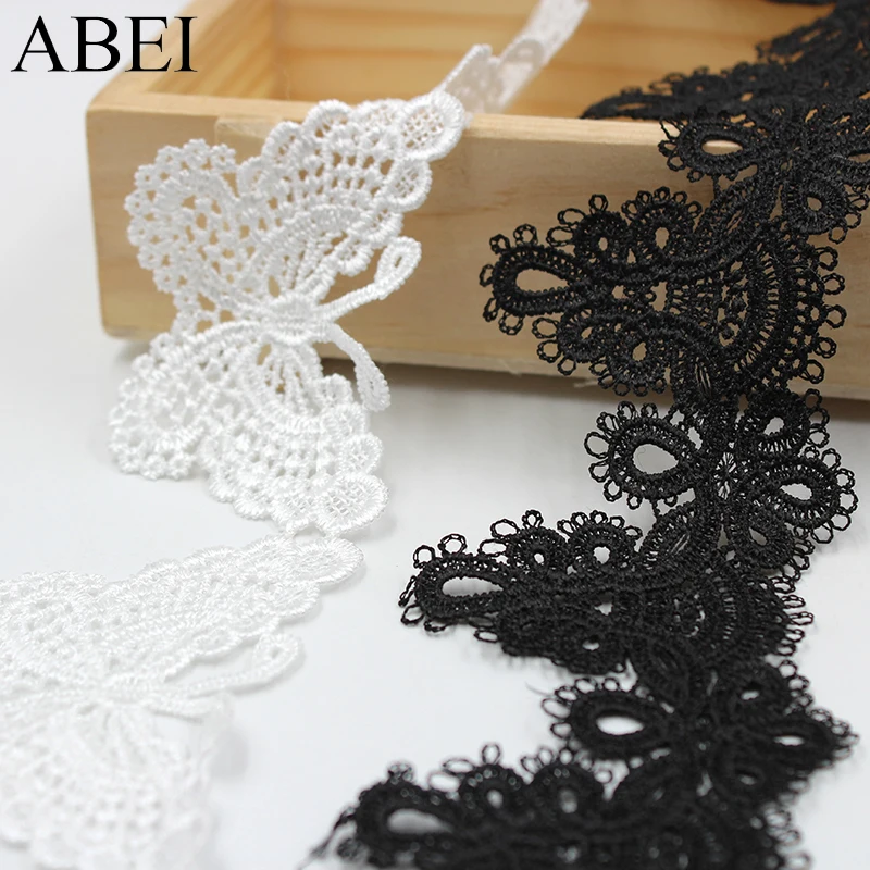 2 ярдов/партия черный белый вышитая кружевная ткань отделка цветок бабочка