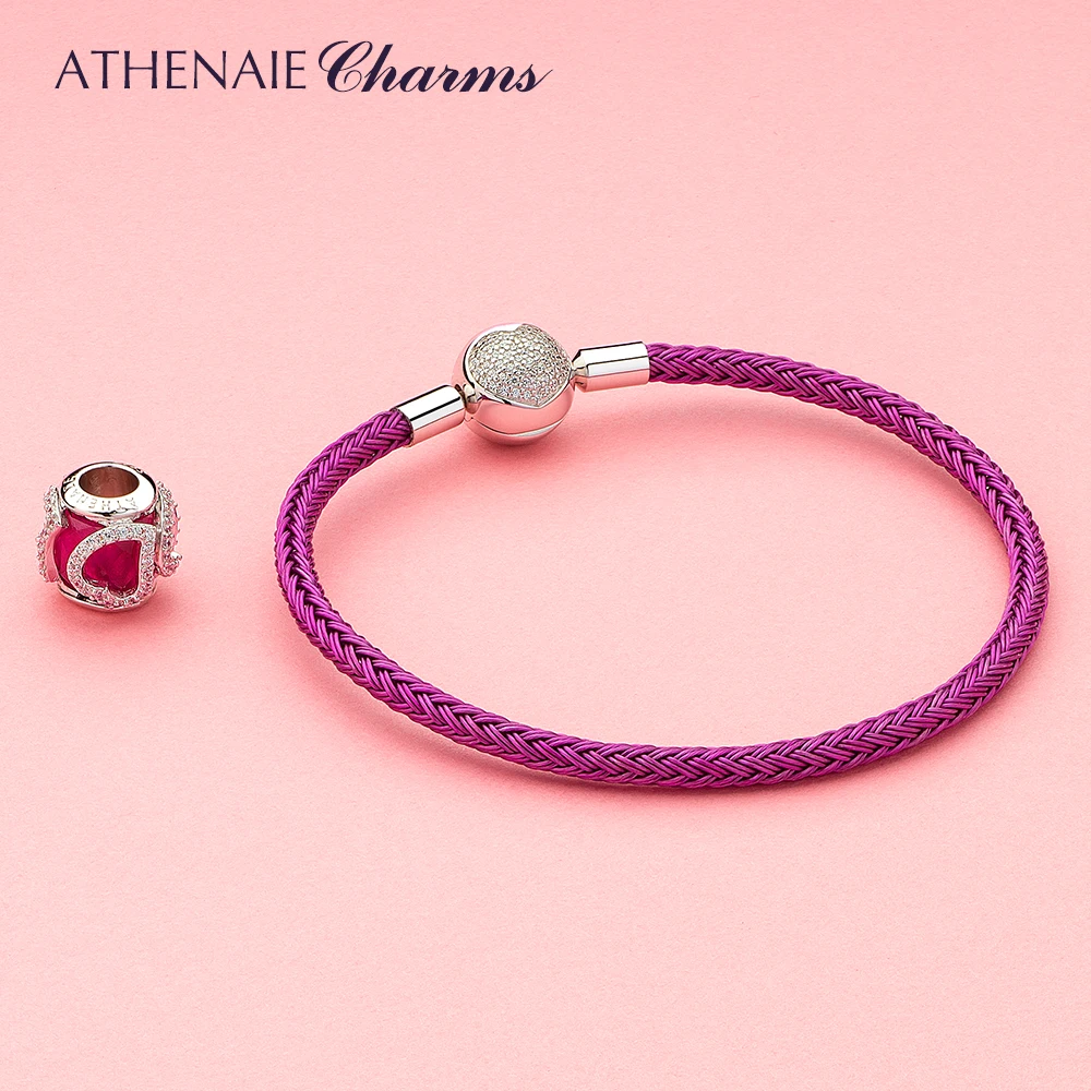 ATHENAIE, разноцветный браслет-Талисман из проволоки, с 925 пробы, серебро, CZ, любовь, сердце, застежка для женщин, подходит для шарма, бусины, сделай сам, подарок, розовый, красный