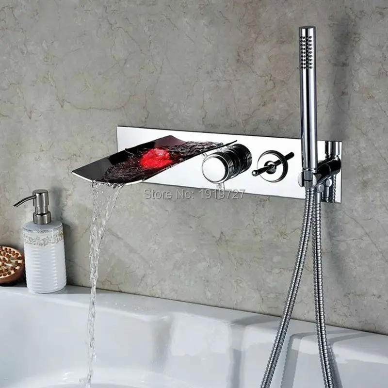 Латунный светодиодный Водопад смеситель для ванной хромированные смесители изменение цвета одной ручкой настенное крепление кран для ванной с ручным душа