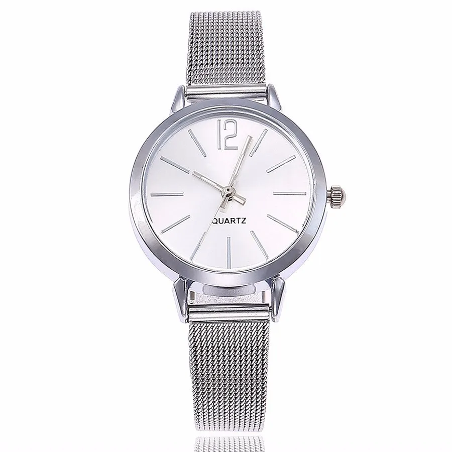 silver white Модные женские часы из нержавеющей стали, серебряные, золотые, с сеткой, уникальные простые часы, повседневные кварцевые наручные часы, часы, горячая распродажа - Цвет: silver white