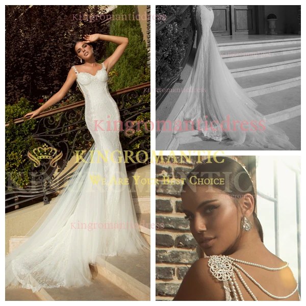 2014 New Chic Robe De Mariage Spaghetti Straps Lace Mermaid Backless Wedding Dresses Tulle Beaded Floor Length Bridal Gowns | Свадьбы и