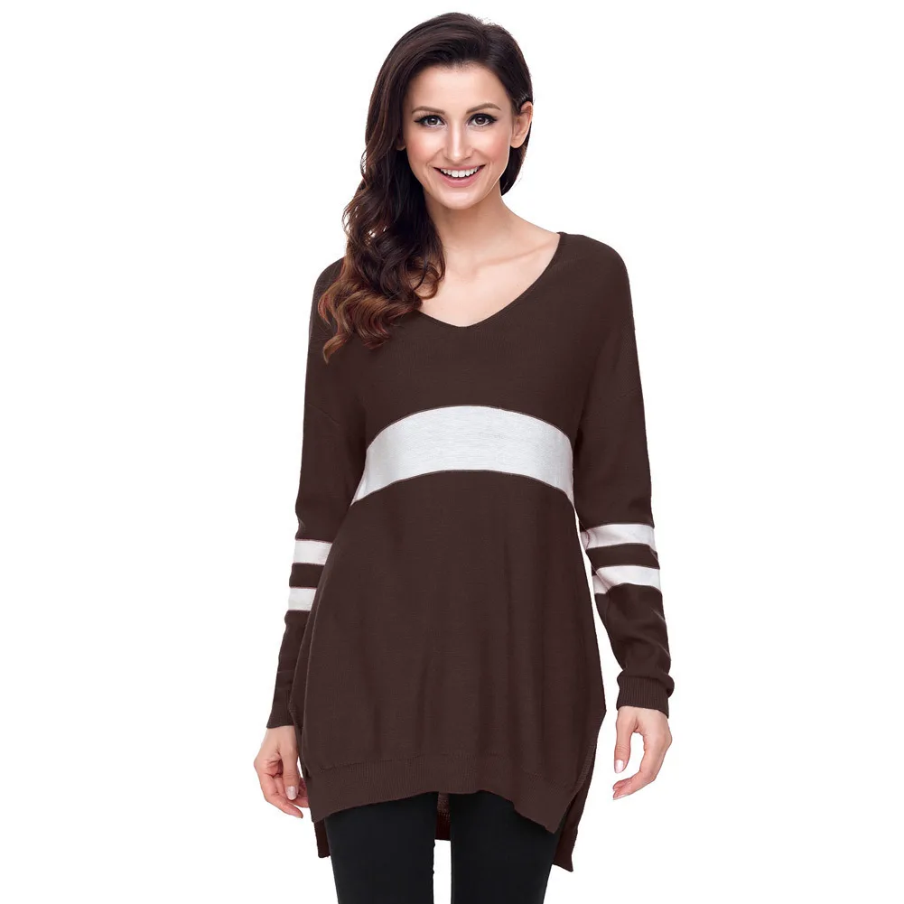 Women Warm Casual Sweater V Neck Patchwork Loose Knit pullovers Long Tops the of European And American | Женская одежда