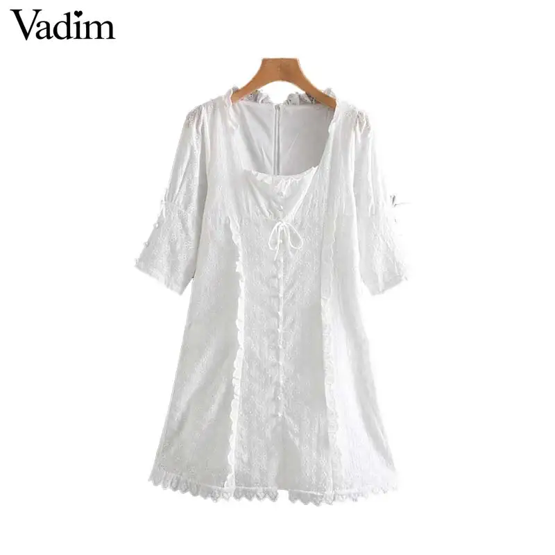 Vadim women sweet embroidery hollow out mini dress bow tie button half sleeve dresses female chic vestido QC062 | Женская одежда