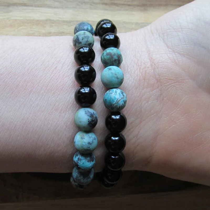 Beaded Bracelets Set Black Onyx And Matte African T-urquoise Mala Bracelet Couples For Boyfriend Girlfriend | Украшения и