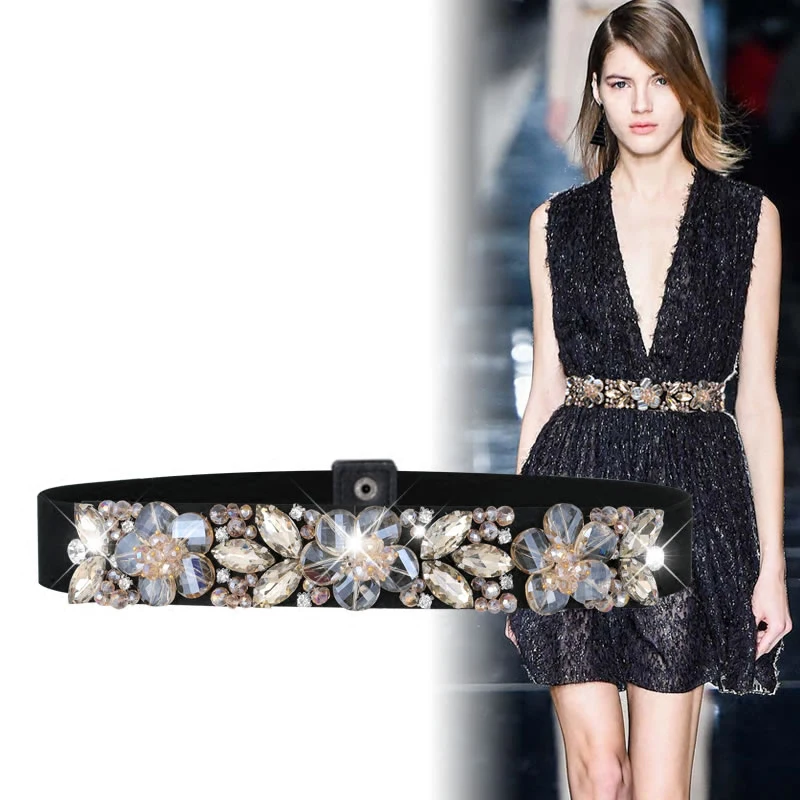 

Women Belts Luxury Brand Crystal Rhinestone Elastic Stretchy Skinny Waist Belt Fashion Design Waistband for Ladies