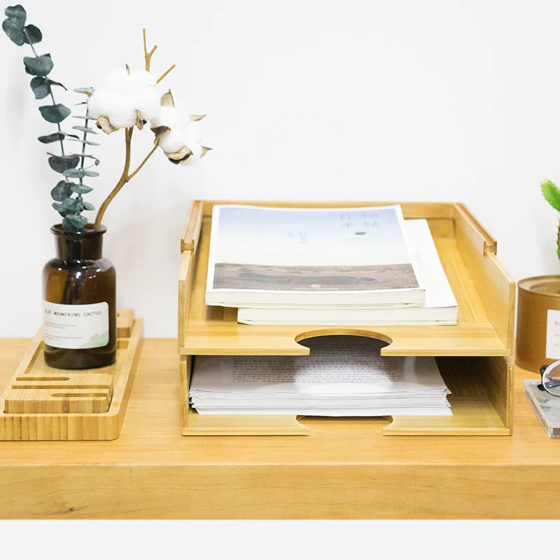 Bamboo Desktop File Holder A4 Paper Storage Desk Rack Office Multi-function Data Box Multilayer Simple Style |