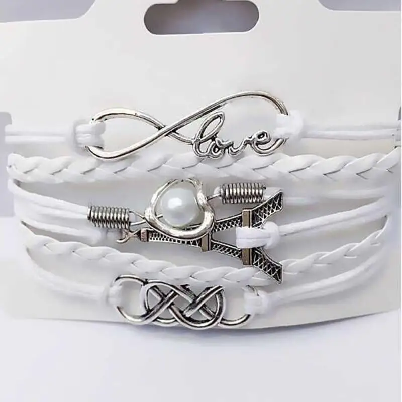 Женский кожаный браслет с шармами изображением Эйфелевой башни в виде сердца и