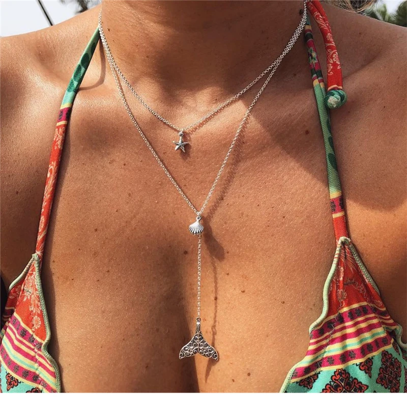 Mutilayer Русалка ракушка звезда Подвеска колье длинное ожерелье ювелирные изделия