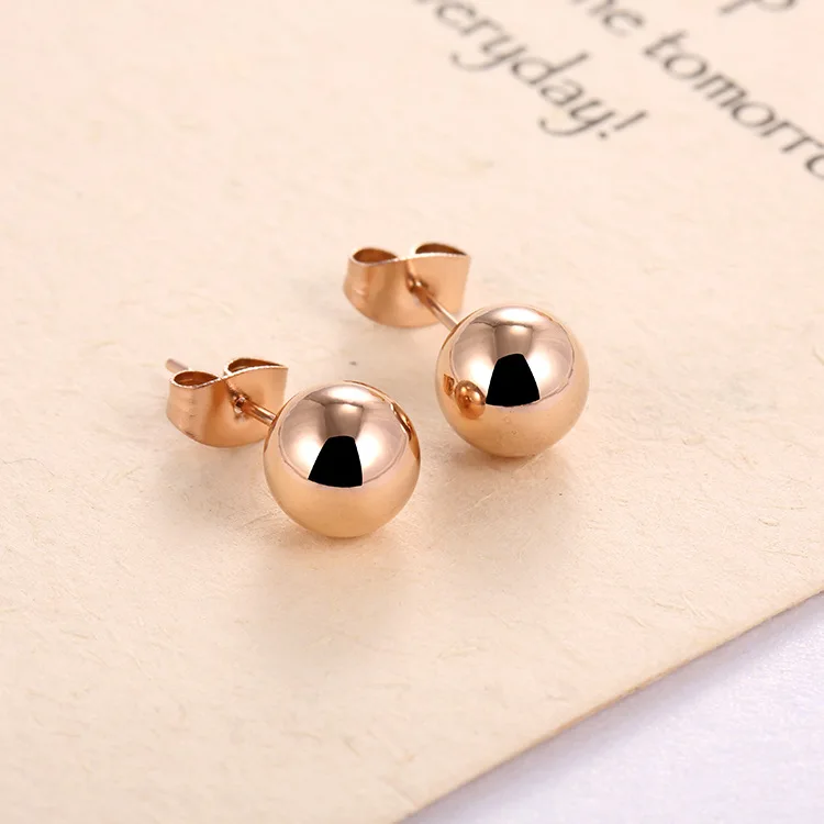 Classic Rose Gold Titanium Steel Glossy Ball Stud Earrings 8/6/4mm Round Beads Anniversary Jewelry For Women JE18115 | Украшения и