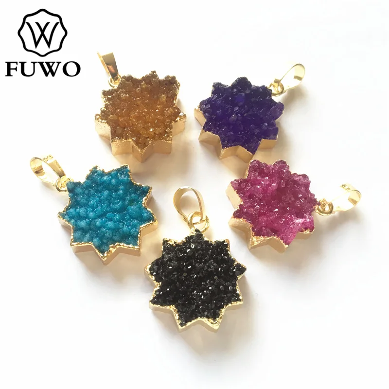 

FUWO Natural Druzy Flower Pendant With Gold Trimmed Fashion Mixed Color Crystal Cluster Pendant For Necklace Making PD234