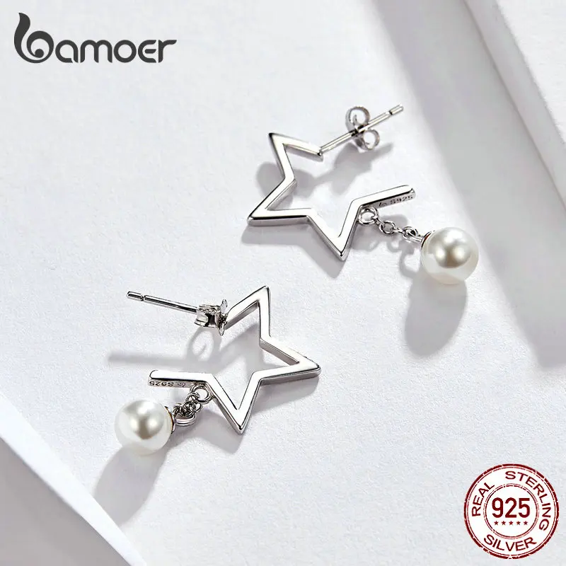BAMOER, 925 пробы, серебряная звезда, висячие серьги для женщин, жемчужные Висячие серьги для женщин, Свадебные Элегантные ювелирные изделия BSE105