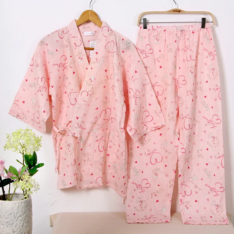 Японские пижамные комплекты простое кимоно хлопок Yukata милая свободная ночная