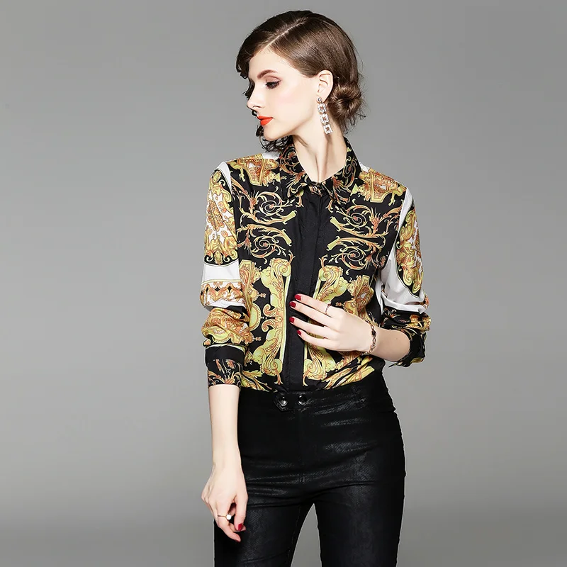 

2018 runway designer womens tosp autumn blouse long sleeve fashion vintage print blouse ladies office shirt OL blusas femininas