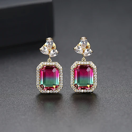 Multicolor LUOTEEMI, новинка, изысканные серьги с квадратной подвеской для женщин, девочек, для свадебной вечеринки, роскошные кубические циркония, двойной цвет, модное ювелирное изделие - Окраска металла: Multicolor