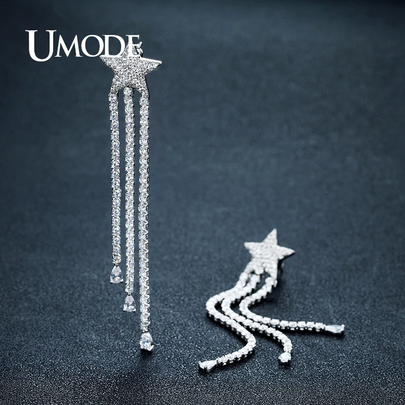 Серьги UMODE с фианитами женские длинные висячие серьги-кисточки подвесками в виде