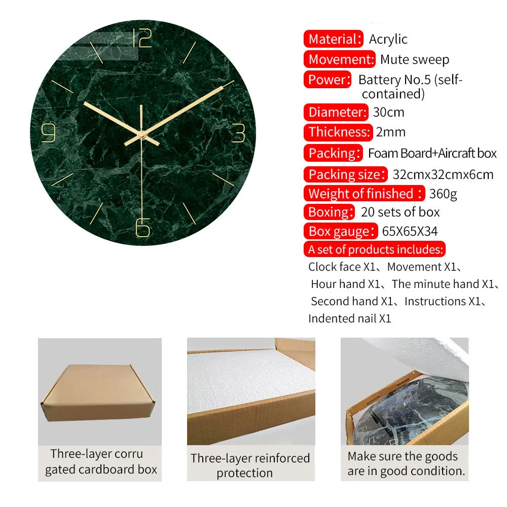 Европейское освещение роскошные темно зеленые мраморные настенные часы