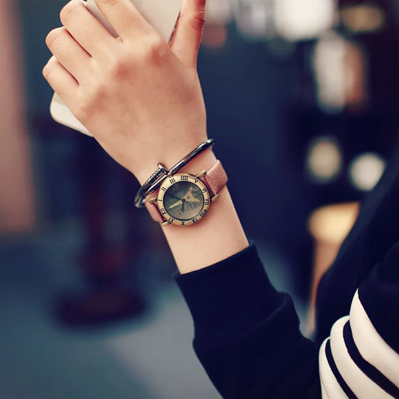 Классический Эйфелева башня винтажная римская циферблат латунь женские часы