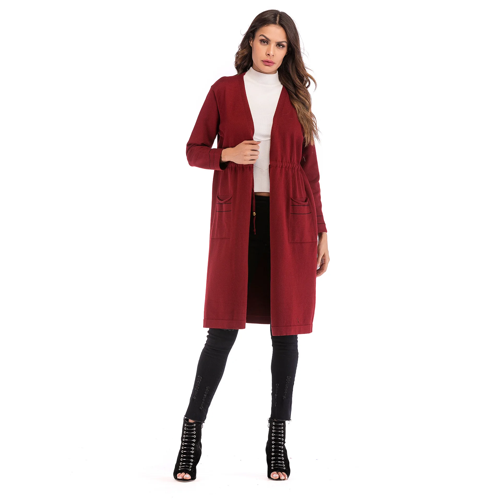 Womens Winter Open Front Split Stripe Belt Lace Up Pocket Knitting Sweater Long Cardigan Lady Autumn Cape Wrap Scarf Casual Coat |