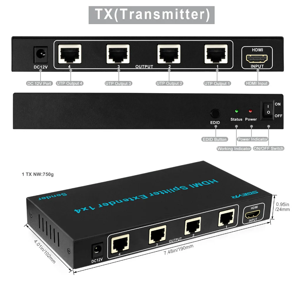 SGEYR 196ft 4 порта HDMI удлинитель 1x4 HDMI сигнала удлинитель 60 м hdmi удлинитель разветвитель 1 в 4 выхода Cat5/6 1080p поддержка 1080p 3D