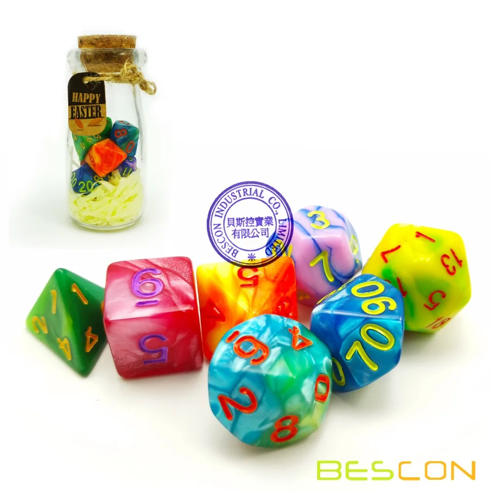Пасхальные кости Bescon многогранные 7 шт. набор для ролевых игр в стеклянной банке