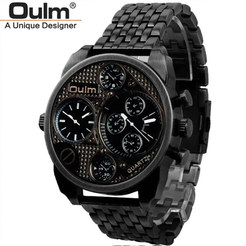 

Brand OULM Men Luxury stainless steel Strap Japan Movt Quartz Watch 2 Time Zone Large Dial Watches Big Wrist Relogios Masculino
